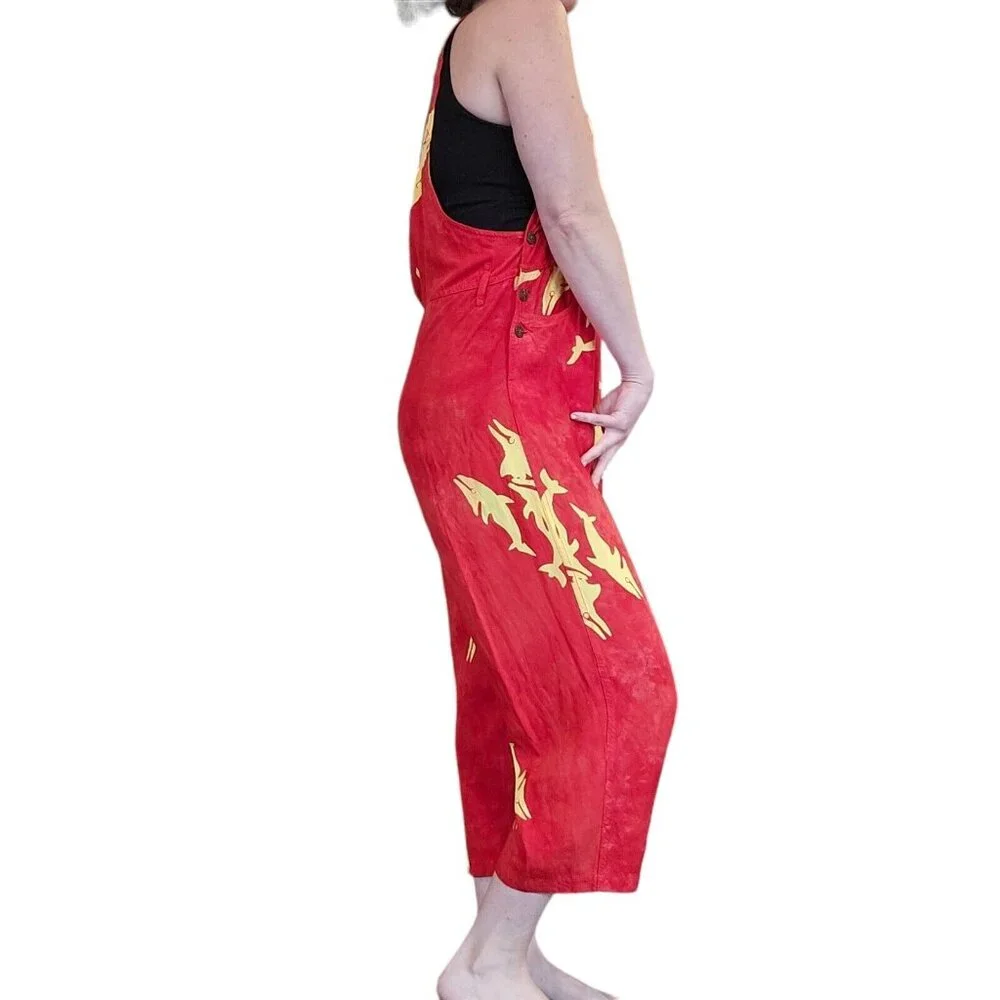 Womens XS To M Red Tiedye Cropped Overalls Bibs Rayon Dolphins Beach‎ Hippie